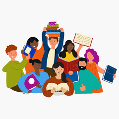Bookcrossing concept. Happy people exchanging, borrowing and recommending paper books. Modern illustration of book lovers, readers, literature fans isolated on white background. 