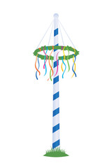 maypole with colorful ribbons isolated on white background