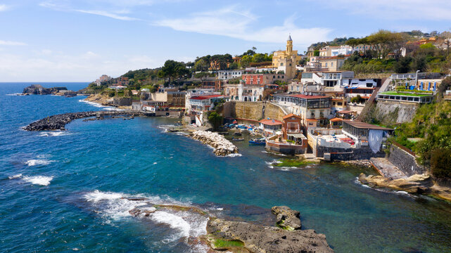 Aerial view of the Fenestrella of Marechiaro. It is located in the Posillipo district in Naples, Italy, and overlooks the Tyrrhenian Sea.