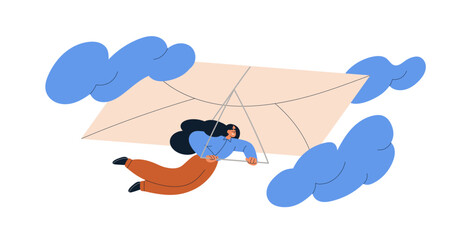 Email marketing, mail newsletter concept. Happy woman flying with envelope, letter. Sending good positive news, message, correspondence. Flat graphic vector illustration isolated on white background