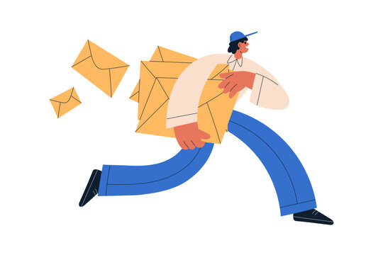 Postman carrying, holding envelopes. Mailman running with letters, correspondence. Fast mail man, courier. Post delivery service concept. Flat vector illustration isolated on white background