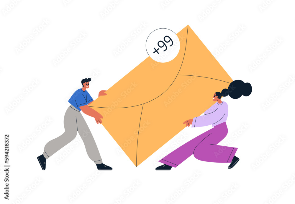 Poster Overloaded email. Many new letters in inbox. Tiny people loaded with envelope, lot of electronic junk mail, e-mail spam. Unwanted messages. Flat vector illustration isolated on white background