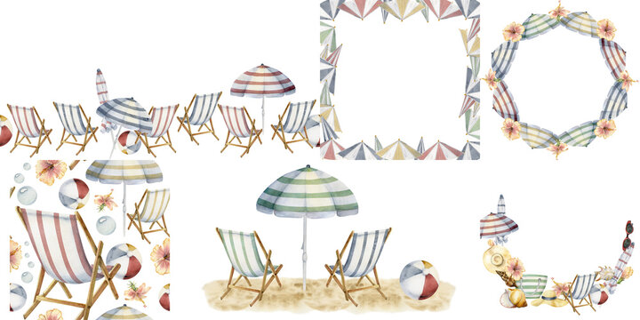 Hand drawn watercolor set of compositions. Beach accessories, sea sand umbrella shells. Isolated on white background. Design for wall art, wedding, print, fabric, cover, card, tourism, travel booklet.