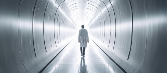 Futuristic Healer: Doctor in Coat Walking Down Corridor in a Technology-Based Art Style