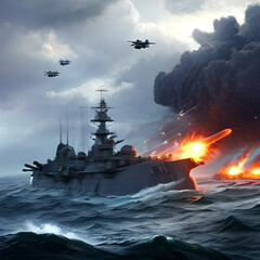 Fototapeta premium Military Ship Attack on Aircraft, Generative Ai