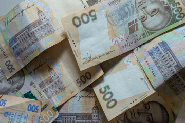 Money of Ukraine. Background of Ukrainian hryvnia banknotes. Hryvnia 500, 200. Uah. Money and saving concept