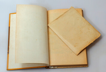 Open old book with blank pages and free space for text. The concept of reading literature, education and book publishing