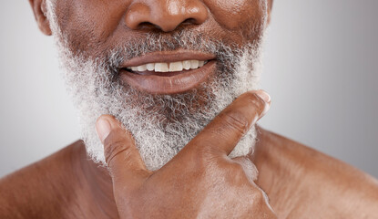 Beauty, hand and beard with a senior man in studio on a gray background for skincare or grooming....