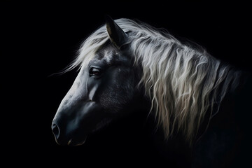 Beautiful gray horse with long mane elegant portrait, contrast light black background, created with Generative AI technology