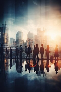 Double Exposure Image Of Many Business People Conference Group Meeting On City Office Building In Background Showing Partnership Success Of Business Deal - Generative AI