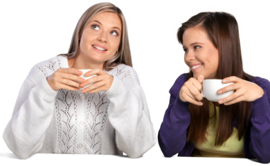 Portrait of Two Girlfriends , Sisters Talking and Drinking