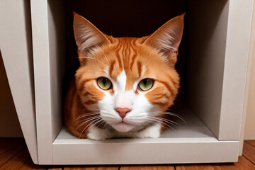 Portrait of a domestic red cat, peeking out of the hole. Generative AI.