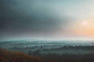 Sunrise in a foggy forest, sunlight through the haze, beautiful morning landscape. Generative AI.