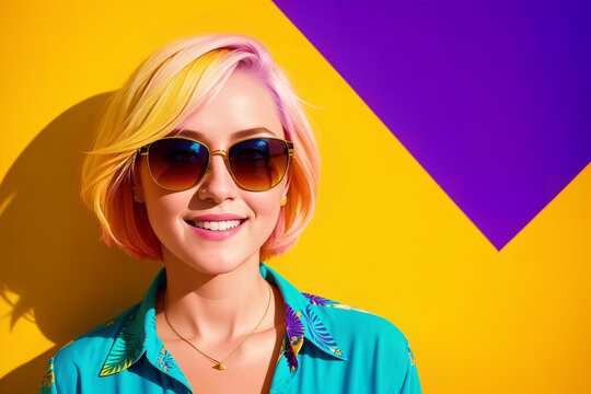 Portrait of a woman with golden hair and sunglasses on a abstract painted background, summer vibrancy. Generative AI.