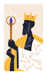 Crowned king majesty with magic wand stick, mystic esoteric power. Authority, royal noble energy concept. Monarch leader, abstract emperor card. Flat vector illustration isolated on white background