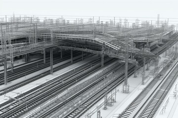 The BIM model of the railway Infrastructure of wireframe view. Generative AI