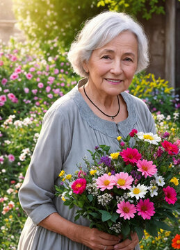 Portrait of an happy elderly woman with flowers in a garden. Generative AI.