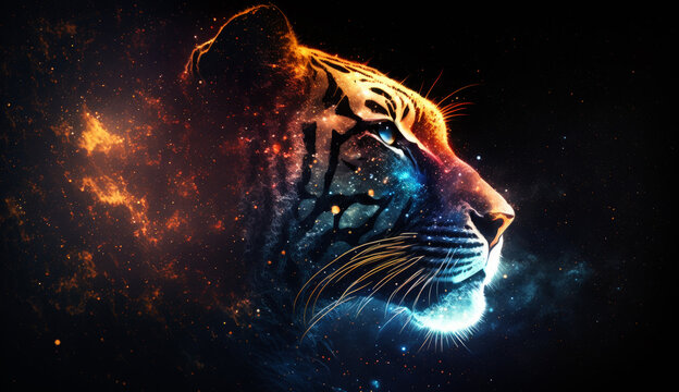 Tiger in fire cosmic space. gnerative ai.