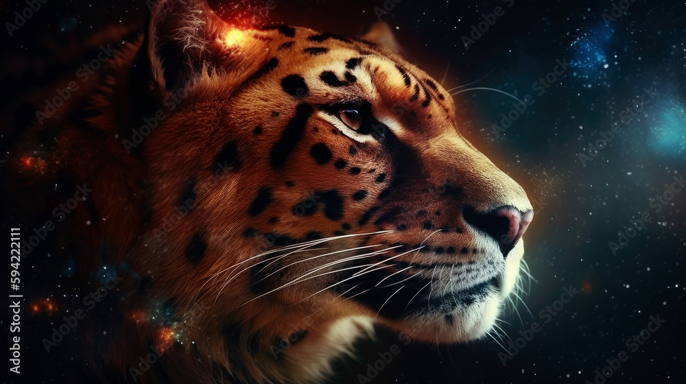 Poster tiger in cosmic space. gnerative ai.