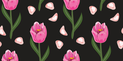 Seamless pattern with pink tulips and petals on black background. Natural, spring botanical print.