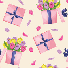 Floral seamless pattern with flowers in the box, gift boxes and petals. Summer, spring pattern for textile, paper, packaging, backgrounds. 