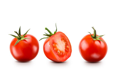 Small red cherry tomatoes on white background.