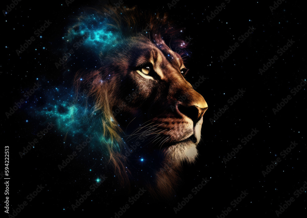Poster lion in cosmic space. gnerative ai.