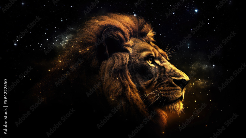 Poster lion in cosmic space. gnerative ai.
