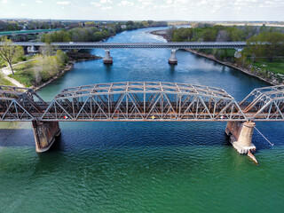 Aerial view of metal railway bridge