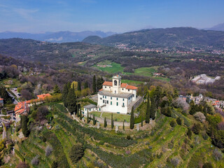 Fototapeta na wymiar aerial view of the sanctuary on the top of the Montevecchia hill