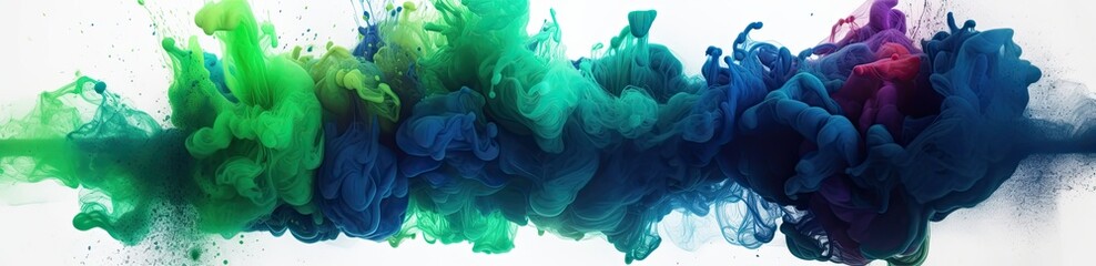 Explosion of colored powder of blue and green tones on a white background. Generative AI