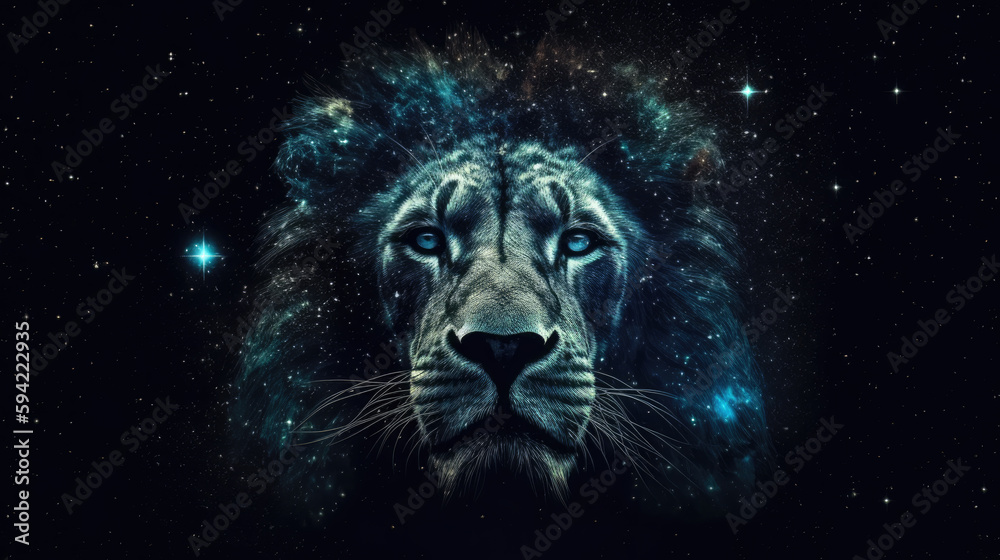 Poster lion in cosmic space. gnerative ai.