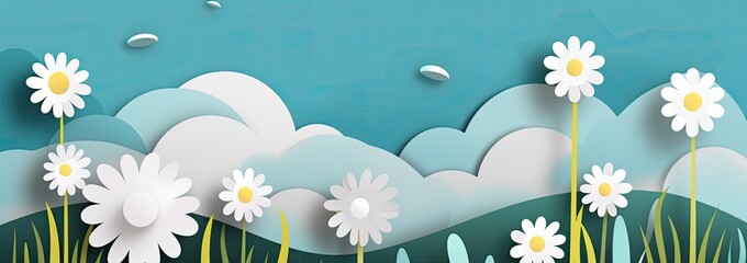 Blue sky, white flowers and clouds depicting a scene of Spring. Generative AI