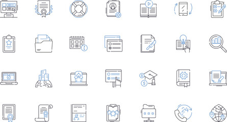 Writing materials line icons collection. Pen, Pencil, Notebook, Journal, Statiry, Ink, Highlighter vector and linear illustration. Marker,Eraser,Paperclip outline signs set