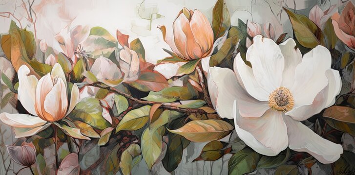 Beautiful floral botanical pattern with magnolia flowers. Spring concept. Generative AI