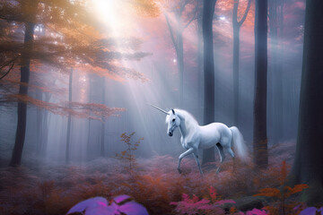 Unicorn in the fairytale forest at dawn. Generative AI