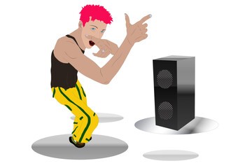 A teenager dances next to a large speaker in an energetic performance