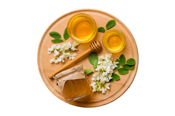 honey jar with acacia flowers and leaves isolated on white background. fresh honey top view flat lay