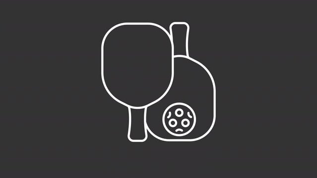 Play pickleball white line animation. Two paddles and ball. Sport equipment. Competition. Loop HD video with chroma key, alpha channel on transparent background, black solid background