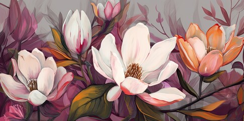 Beautiful floral botanical pattern with magnolia flowers. Spring concept. Generative AI - obrazy, fototapety, plakaty