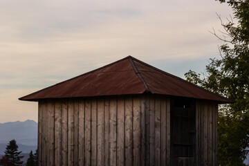 Traditional wooden mountain hut, farm building in the Ukrainian Carpathians