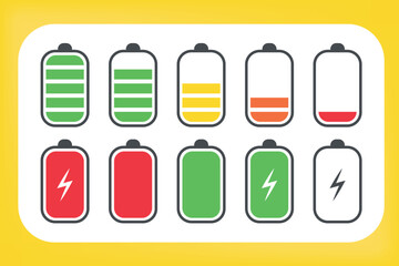 Phone battery charge status flat icons set