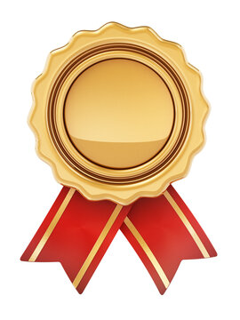 Golden badge with ribbons isolated on transparent background.
