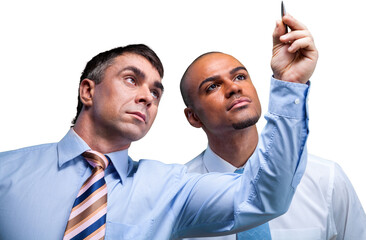 Businessman holding a pen and reviewing something with another businessman