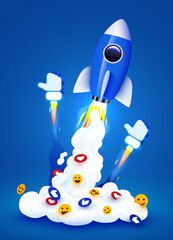 Rocket launching with smoke, likes and social media icons. Marketing boost concept.