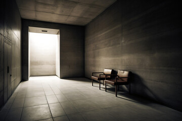 single chair in a dark room like a torture chamber or interrogation room, banner, header, wallpaper - obrazy, fototapety, plakaty
