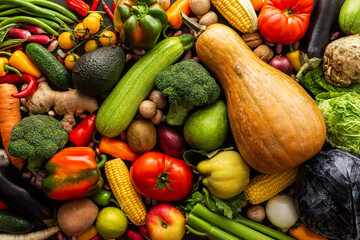 Ripe fresh vegetables, organic seasonal vegetables background, autumn farm harvest, top view