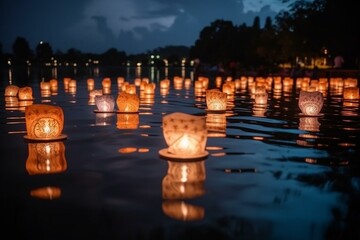 A beautiful lantern on the water at night. Loy Krathong Festival, Chinese paper lanterns. Generative AI