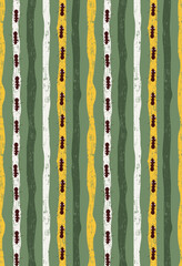 Vertical wavy lines with termites crawling on them. Ants and stripes seamless pattern vector illustration.