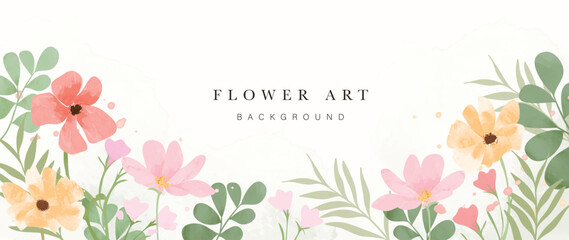 Spring floral art background vector. Botanical watercolor hand drawn flowers, leaves, plants. Blossom design illustration for wallpaper, banner, print, poster, cover, greeting and invitation card.